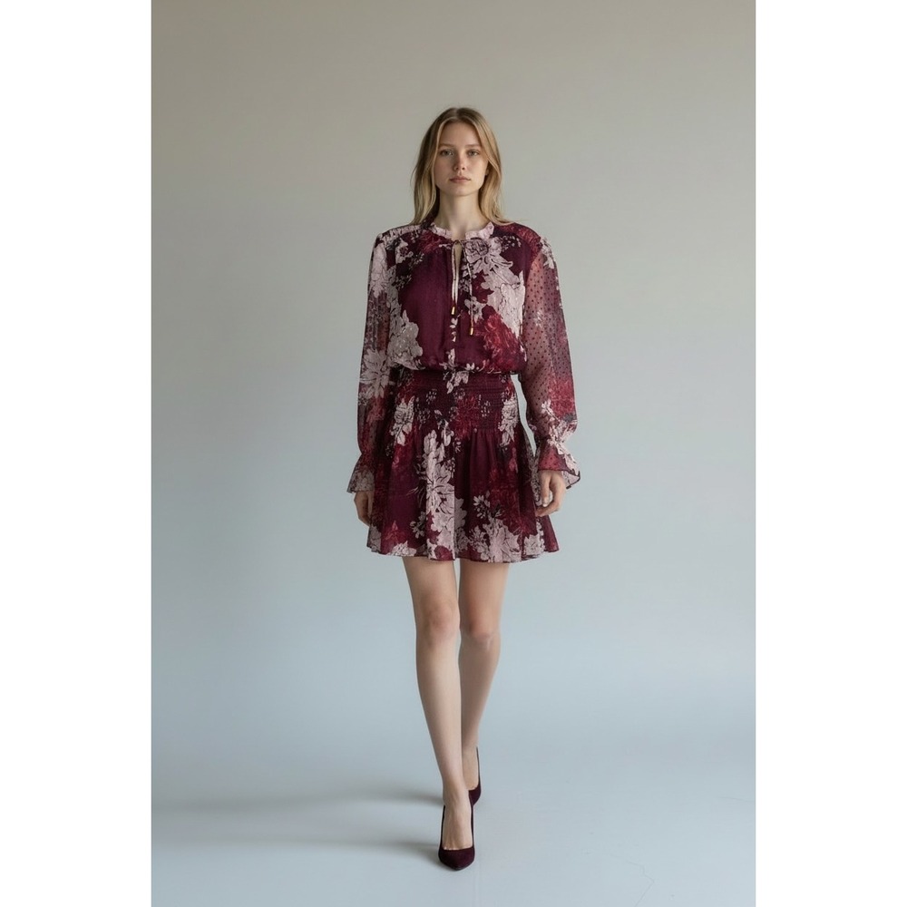 NWT Bishop + Young Floral Mini Dress Women Small Burgundy Smocked Long Sleeve